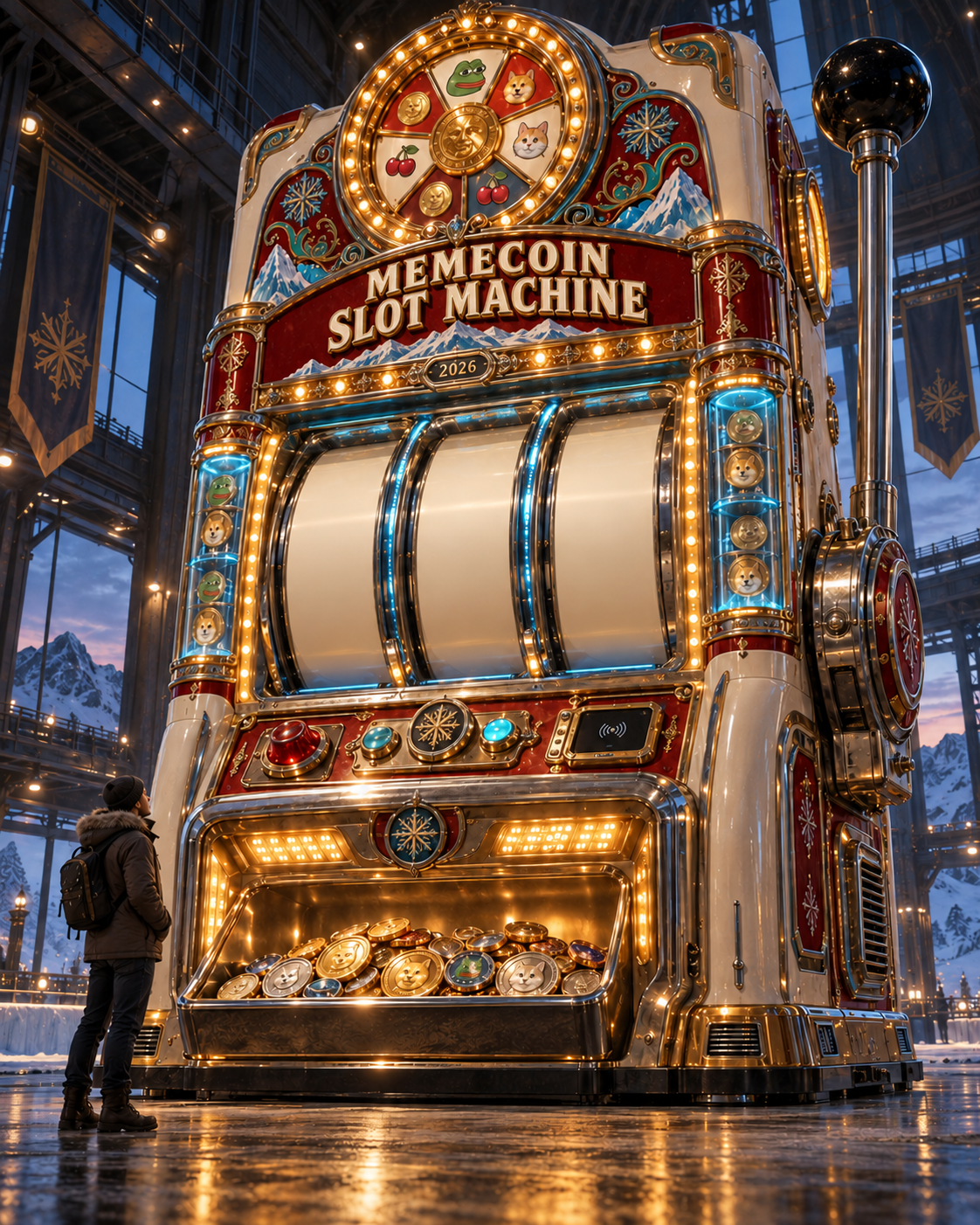 A monumental illuminated gold slot machine